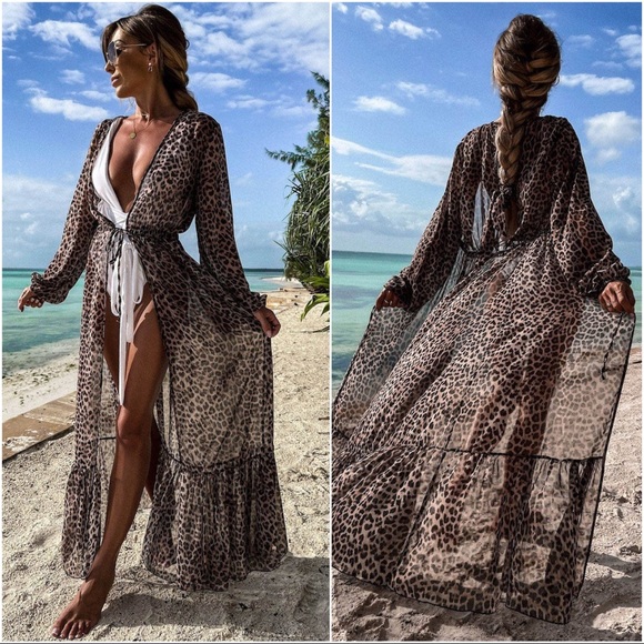 Leopard Open Front Kimono Beach Cover Up - Picture 2 of 2